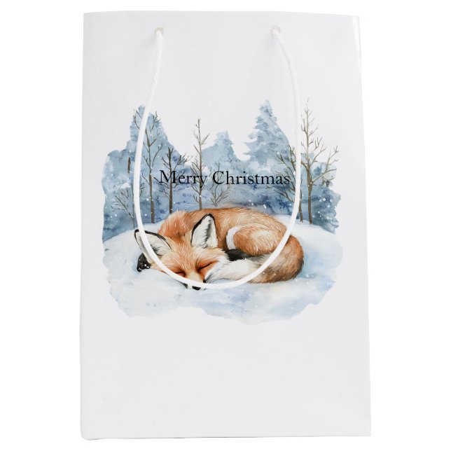 Sacola Para Presentes Média Sweet Fox Blue Christmas Snowflakes (Frente)