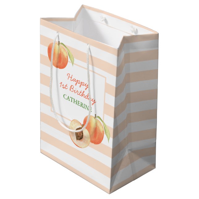 Sacola Para Presentes Média Sweet Little Peach Stripes Girl Birthday (Verso inclinado)