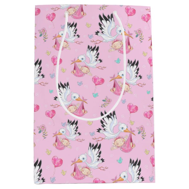 Sacola Para Presentes Média Sweet New Baby Girl and Stork  (Frente)