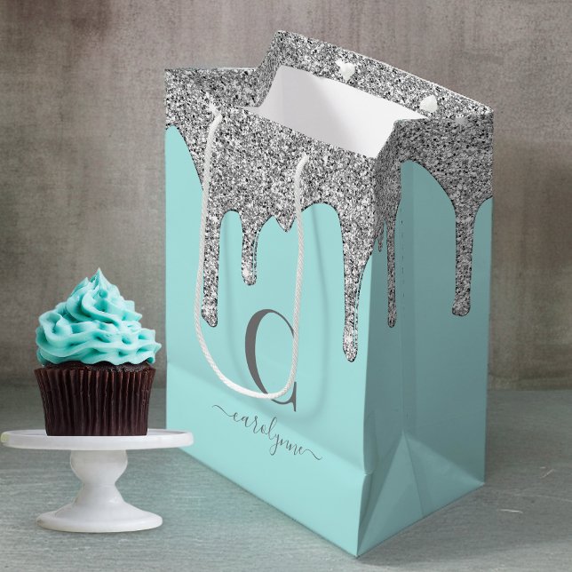 Sacola Para Presentes Média Teal Aqua Silver Sparkle Glitter Drives Monograma (Teal Aqua Silver Sparkle Glitter Drips Monogram Medium Gift Bag)