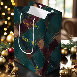Sacola Para Presentes Média Teal, Borgonha e Xadrez Dourada Crisscross Natal