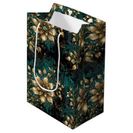 Sacola Para Presentes Média Teal e Dourado Grunge Floral