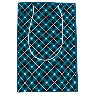 Sacola Para Presentes Média Teal & Navy Geometric Grid Pattern
