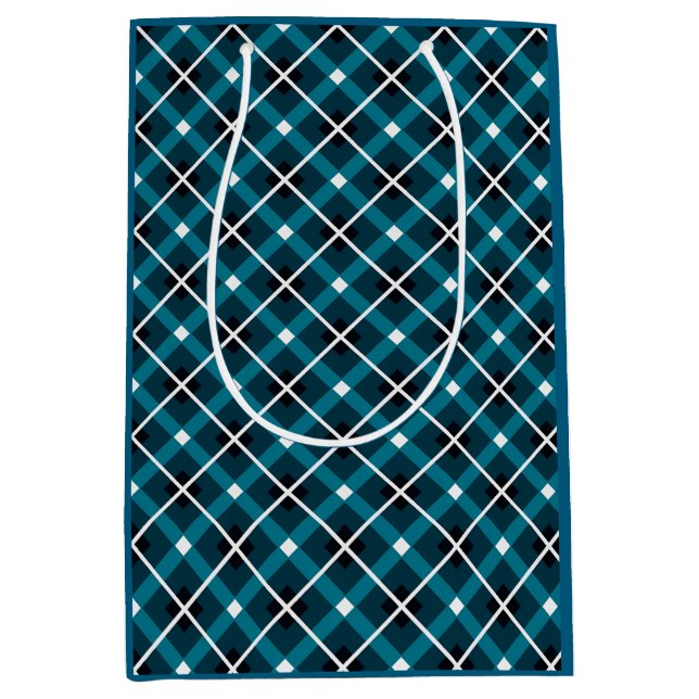 Sacola Para Presentes Média Teal & Navy Geometric Grid Pattern (Frente)