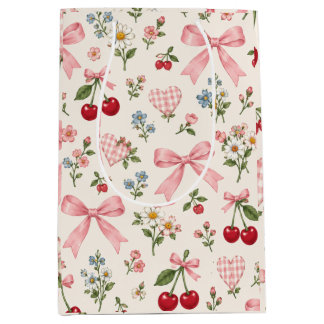 Sacola Para Presentes Média Tecido Vintage Cereja com Laço e Floral | Rosa Gi