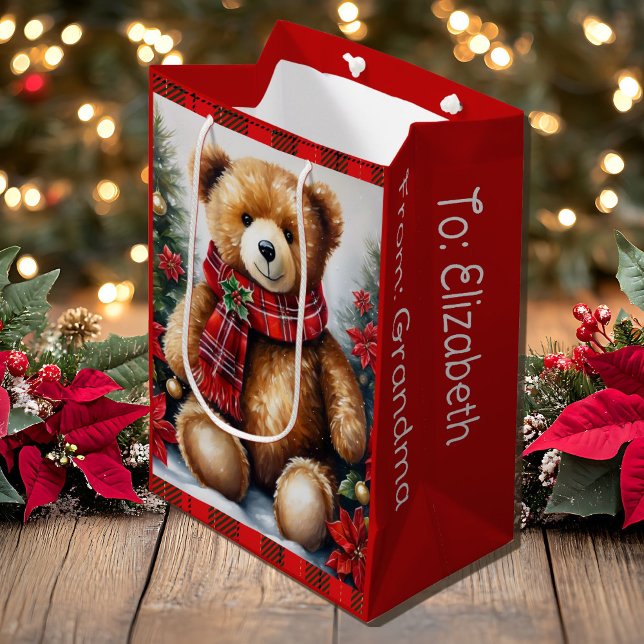 Sacola Para Presentes Média Teddy Bear Add Names Cute Christmas (Criador carregado)