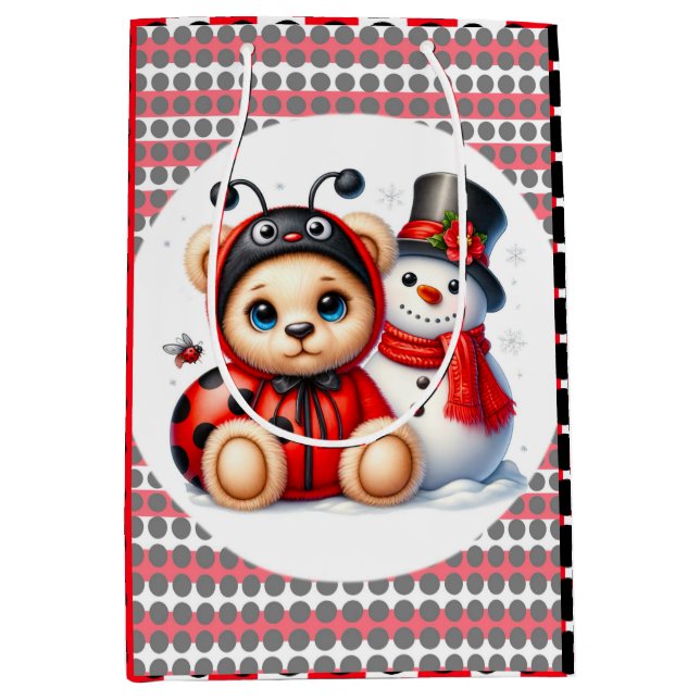 Sacola Para Presentes Média Teddy Bear Ladybug com Chá de fraldas de Snowman (Frente)