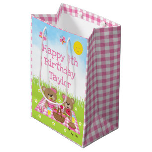 Sacola Para Presentes Média Teddy Bears Picnic Pink Gingham Feliz Aniversário