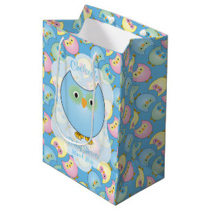 Sacola Para Presentes Média Tema do Chá de fraldas de Pastel Blue Owl