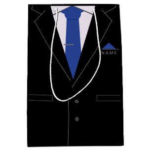 Sacola Para Presentes Média Terno Preto Elegante & Gravata Azul - Adicione Seu