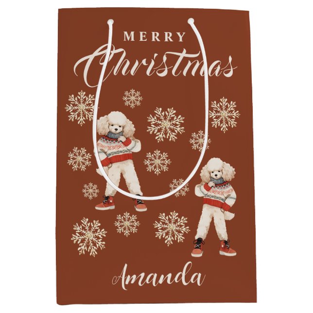 Sacola Para Presentes Média Terracotta Snowflakes Poodle (Frente)