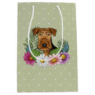 Sacola Para Presentes Média Terrier Airedale Flores Coloridas Verde