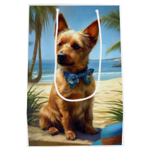 Sacola Para Presentes Média Terrier Australiano na Praia presente de verão par