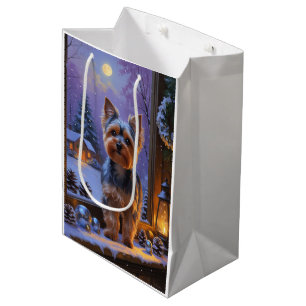 Sacola Para Presentes Média Terrier de Yorkshire com Luzes de Natal Feriado