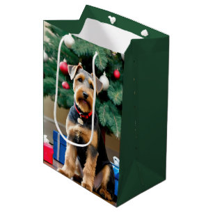 Sacola Para Presentes Média Térrier Galês de Natal ao Pé da Árvore