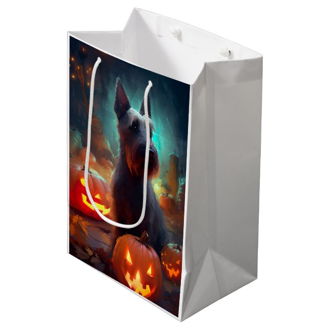 Sacola Para Presentes Média Terror de Halloween do Scottish Terrier com Abóbor (Frente inclinada)