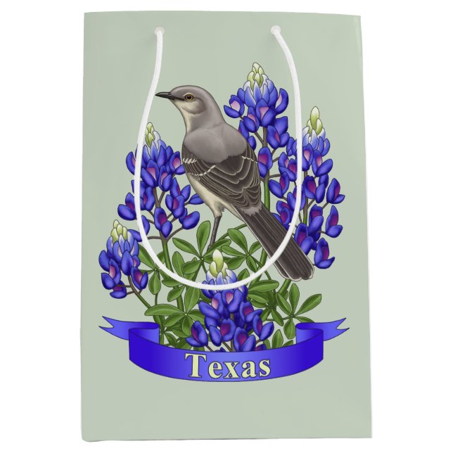 Sacola Para Presentes Média Texas State Mockingbird & Bluebonnet Flower (Frente)