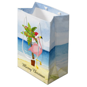 Sacola Para Presentes Média Texto de adição de flamingo, cor-de-rosa-natalin