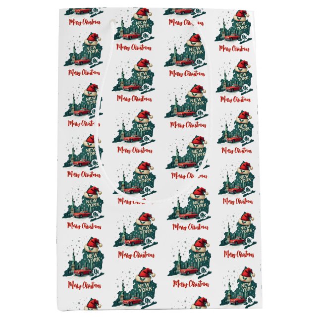 Sacola Para Presentes Média Texto Personalizado de Natal Feliz de Nova Iorque (Frente)