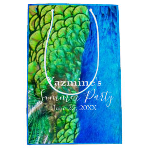 Sacola Para Presentes Média Textura de Pena Azul Verde de Pavão Vibrações de V