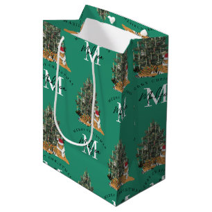 Sacola Para Presentes Média Tigre e verde de árvore de Natal personalizado
