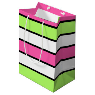 Sacola Para Presentes Média Tiras cor-de-rosa quente, Verde limão, pretas e b