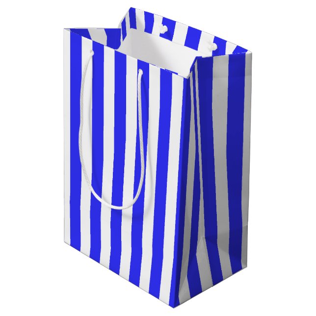 Sacola Para Presentes Média Tiras de doces, azuis e brancas (Verso inclinado)