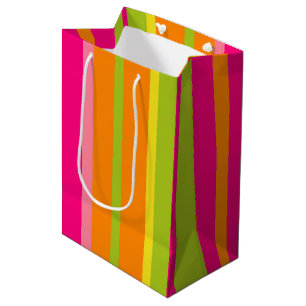 Sacola Para Presentes Média Tiras Verticais Cor-de-Rosa, Verde limão e Laranja