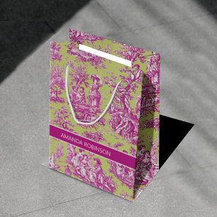 Sacola Para Presentes Média Tóile de jouy verde-rosa Elegante