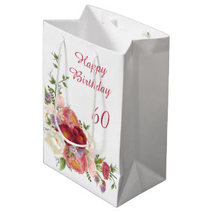 Sacola Para Presentes Média Tons de Rosa Flor de Peônia Branca Feliz Aniversár