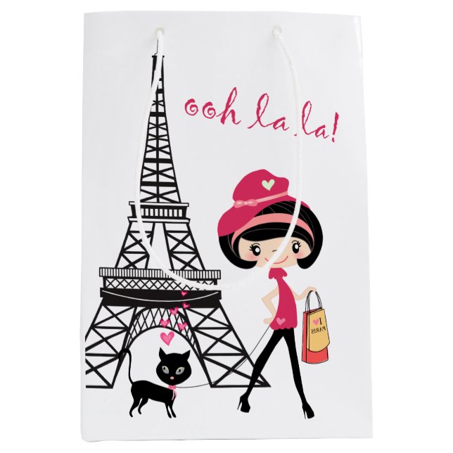 Sacola Para Presentes Média Torre Eiffel Paris Girl and Cat Black and Pink (Frente)