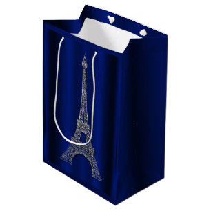 Sacola Para Presentes Média Torre Eiffel Prata Azul Real Favor de Casamento Pa