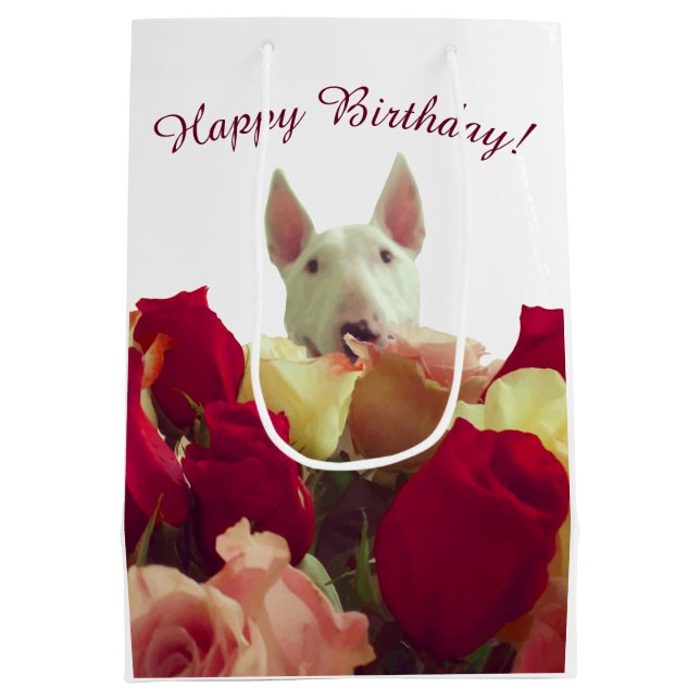 Sacola Para Presentes Média Touro terrier com rosas - Feliz Aniversário! (Verso)