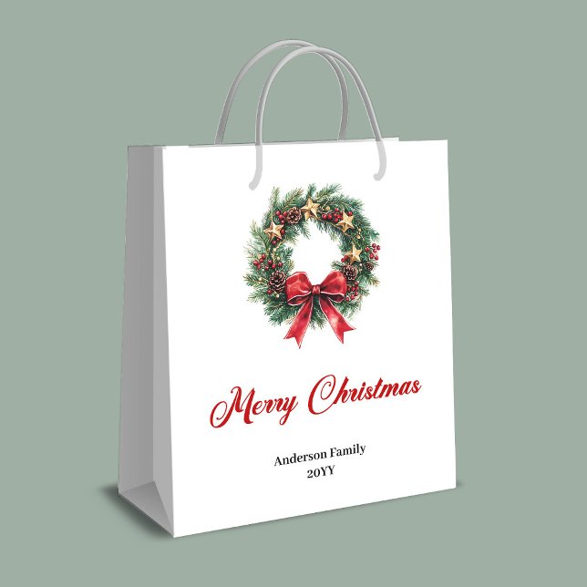 Sacola Para Presentes Média Traditional pine wreath Christmas bag with berries (Traditional pine wreath Christmas bag with berries)