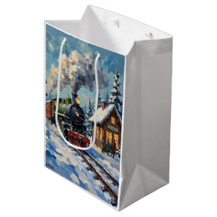 Sacola Para Presentes Média Trem de Natal Antigo na Estação Nevada