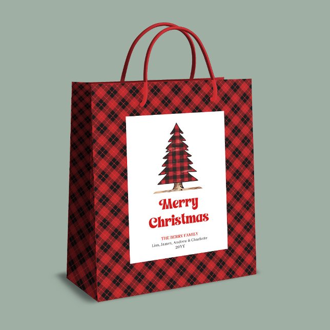 Sacola Para Presentes Média Trendy buffalo plaid Christmas tree gift bag (Trendy buffalo plaid Christmas tree gift bag custom)
