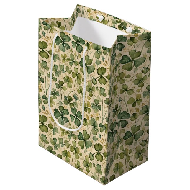 Sacola Para Presentes Média Trevos Verdes Delicados Sem Costura (Frente inclinada)