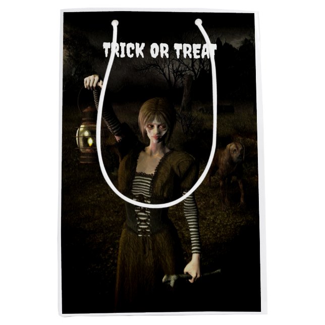Sacola Para Presentes Média Trick or Treat. Thin female carrying lamp (Frente)