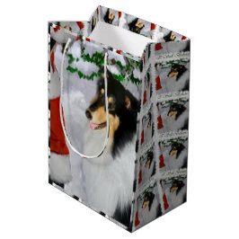 Sacola Para Presentes Média Tricolor Collie e Papais noeis de Natal