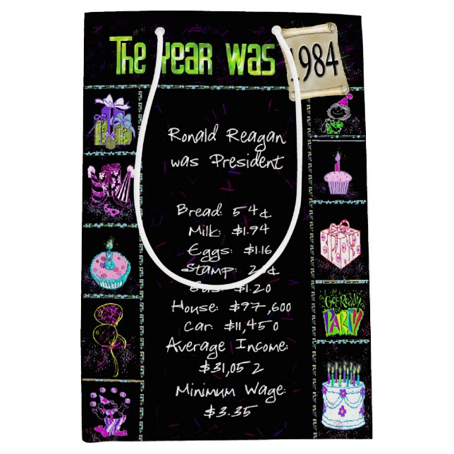 Sacola Para Presentes Média Trivia do Ano de Nascimento de 1984 em Preto (Frente)