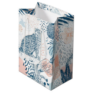 Sacola Para Presentes Média Tropical Leopardo Azul Pêssego Abstrato