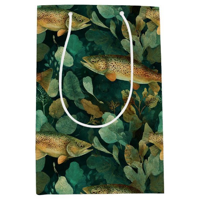 Sacola Para Presentes Média Truta Marrom Sofisticada Peixe Verde Aquarela (Frente)