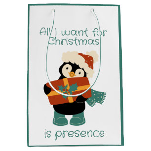 Sacola Para Presentes Média Tudo o que quero é o pinguim de Natal.