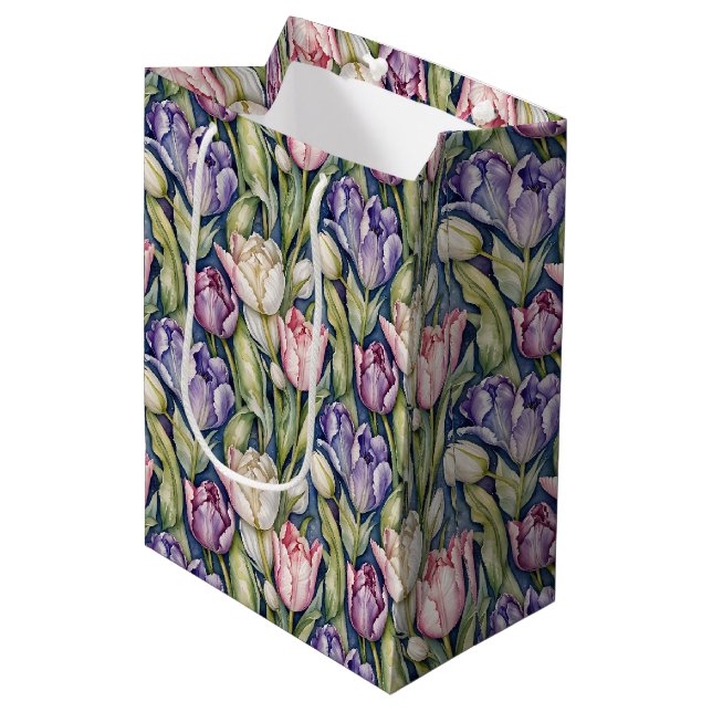 Sacola Para Presentes Média Tulipas Clássicas Rosa, Roxo, Branco (Frente inclinada)