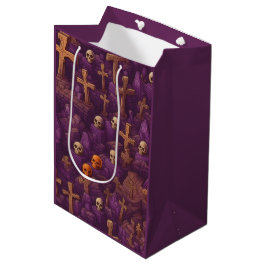 Sacola Para Presentes Média Túmulos Roxos Prata Bronze Caveiras Halloween