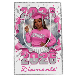 Sacola Para Presentes Média Turma de 2026 Pink & Silver Formatura no Ensino Mé