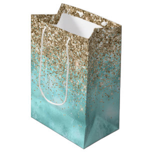 Sacola Para Presentes Média Turquesa Aqua Dourado Glitter Sparkle