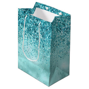 Sacola Para Presentes Média Turquoise Aqua Dourada Glam Glitter