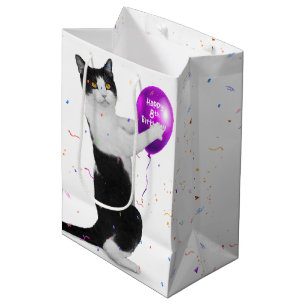Sacola Para Presentes Média Tuxedo Cat com 8° Balão de Aniversário