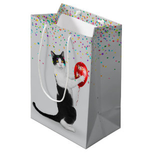 Sacola Para Presentes Média Tuxedo Cat com Confetti e Balão de Aniversário